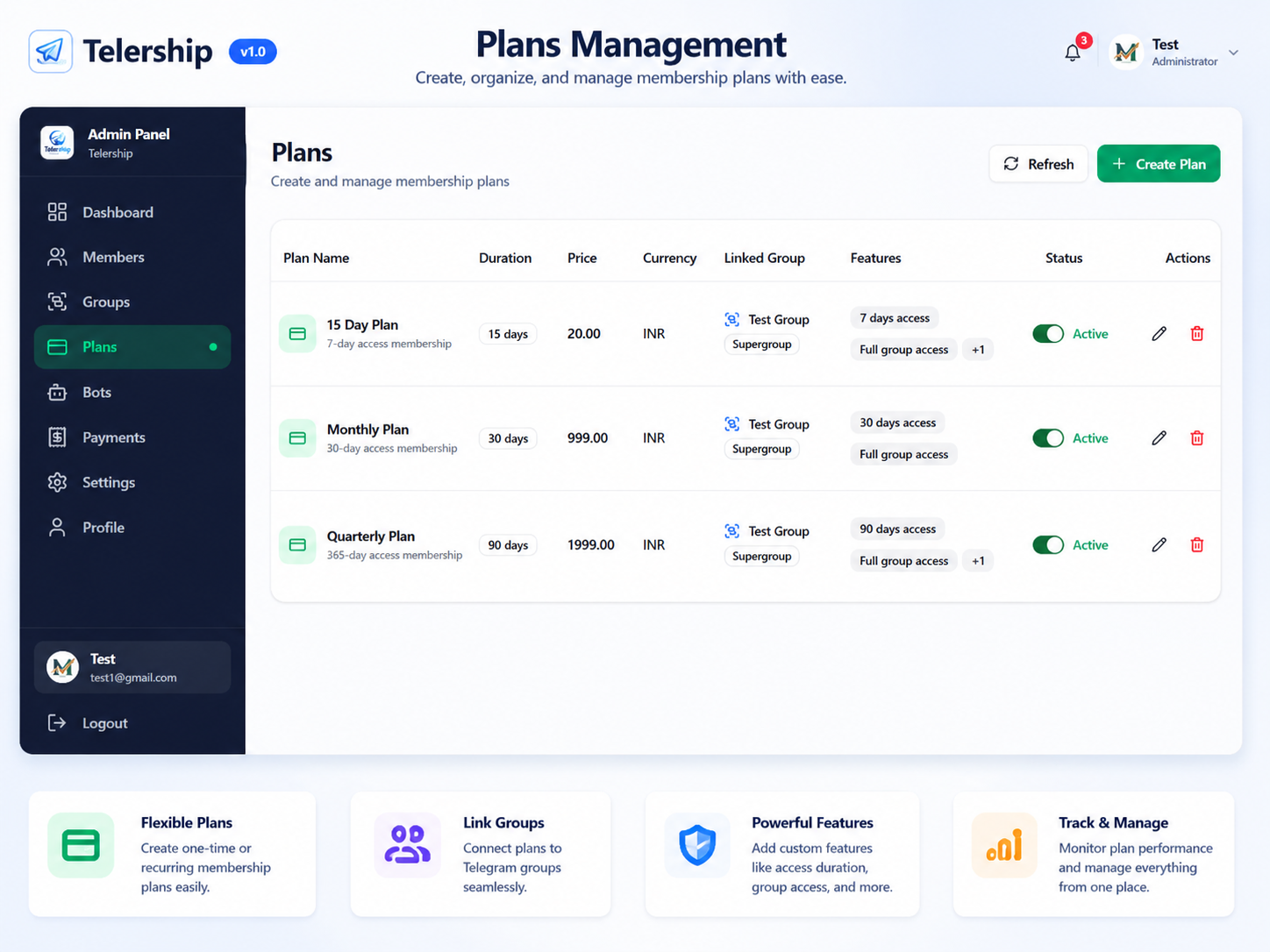 Telership - Telegram Group Management Bot & Membership Panel